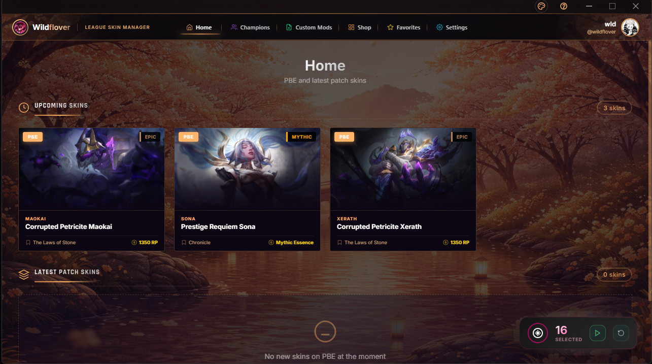 Wildflover Skin Manager application home screen showing champion skins library