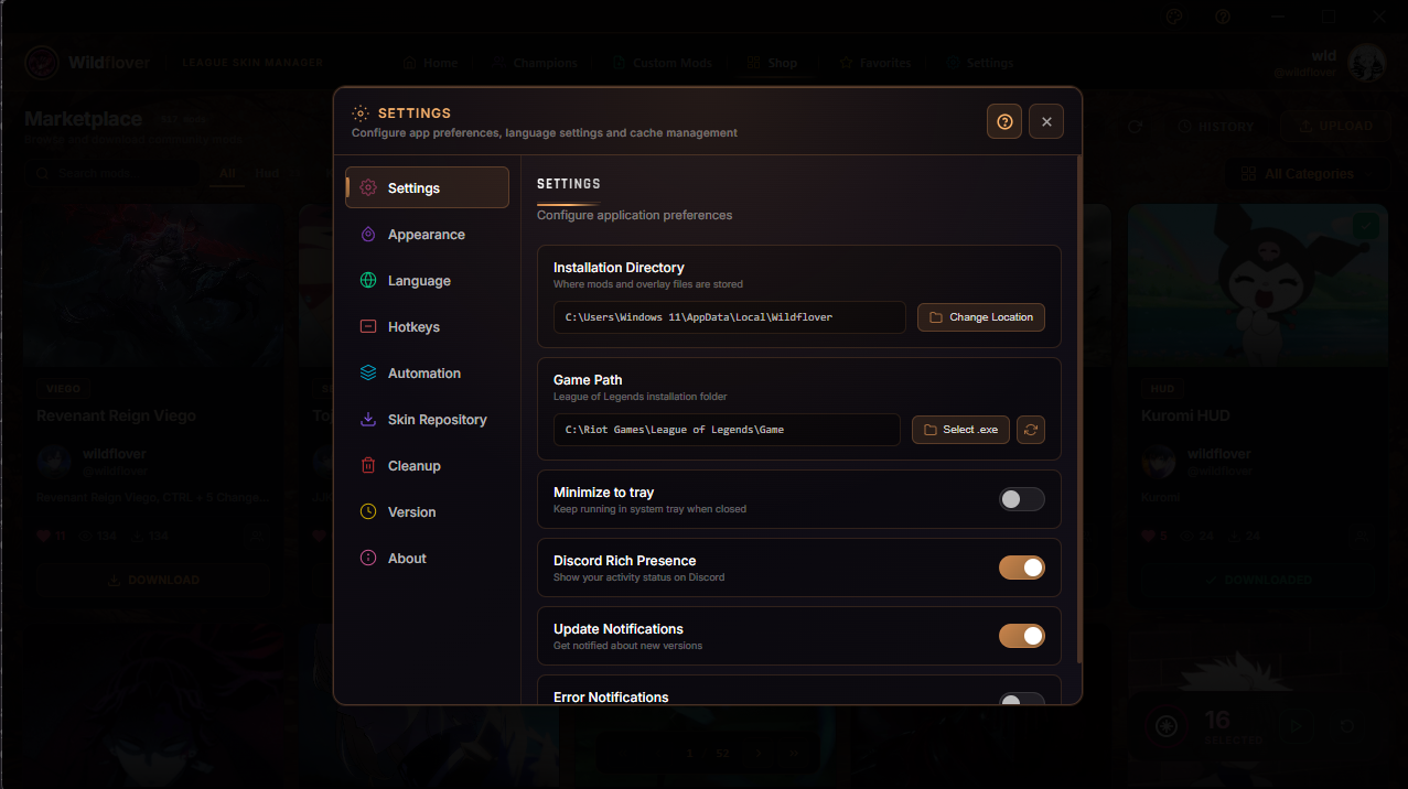 Application settings and configuration panel